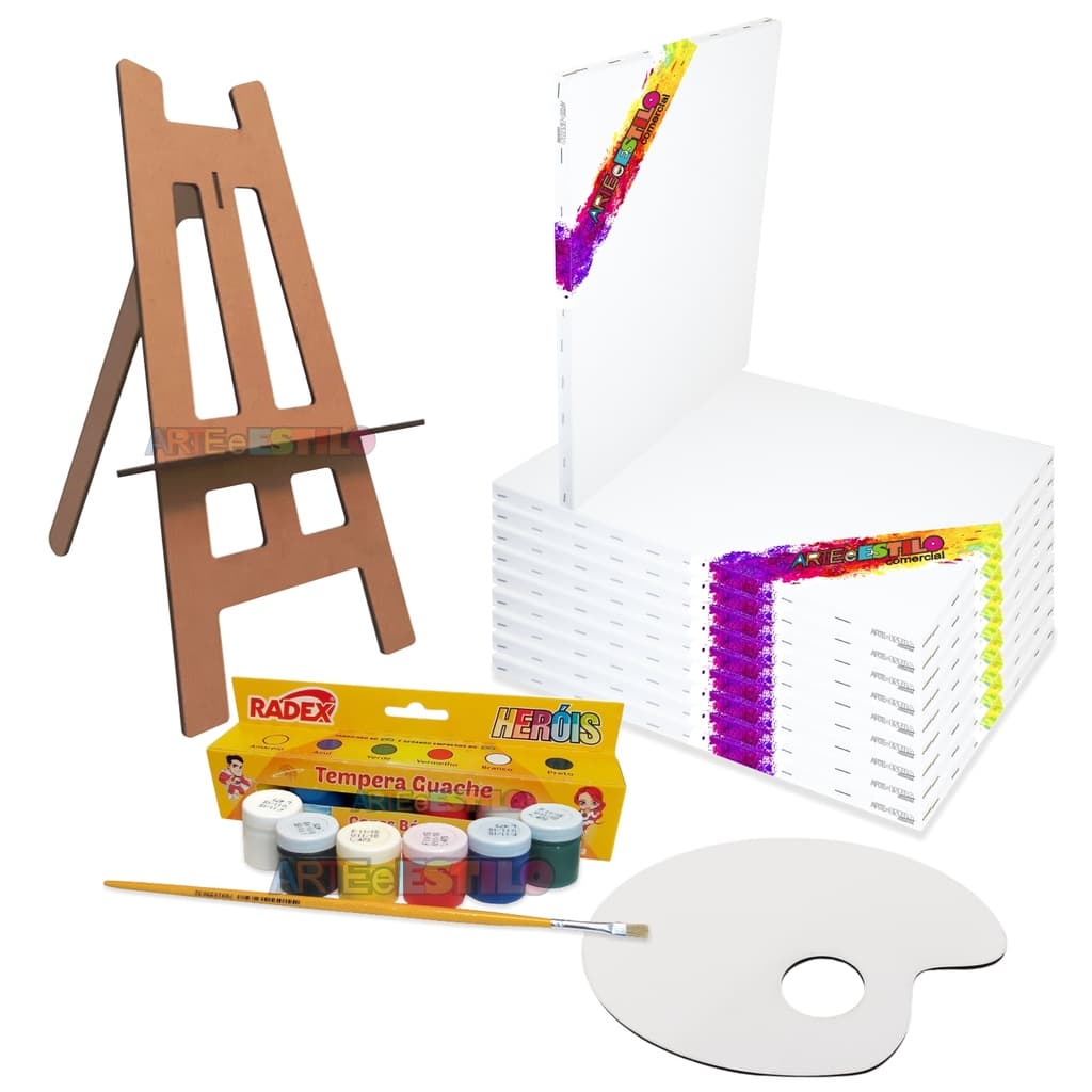 5 Telas Para Pintura + 1 Mini Cavalete + 06 Potes de Tintas + 1 Pincel + 1 Paleta para Tintas
