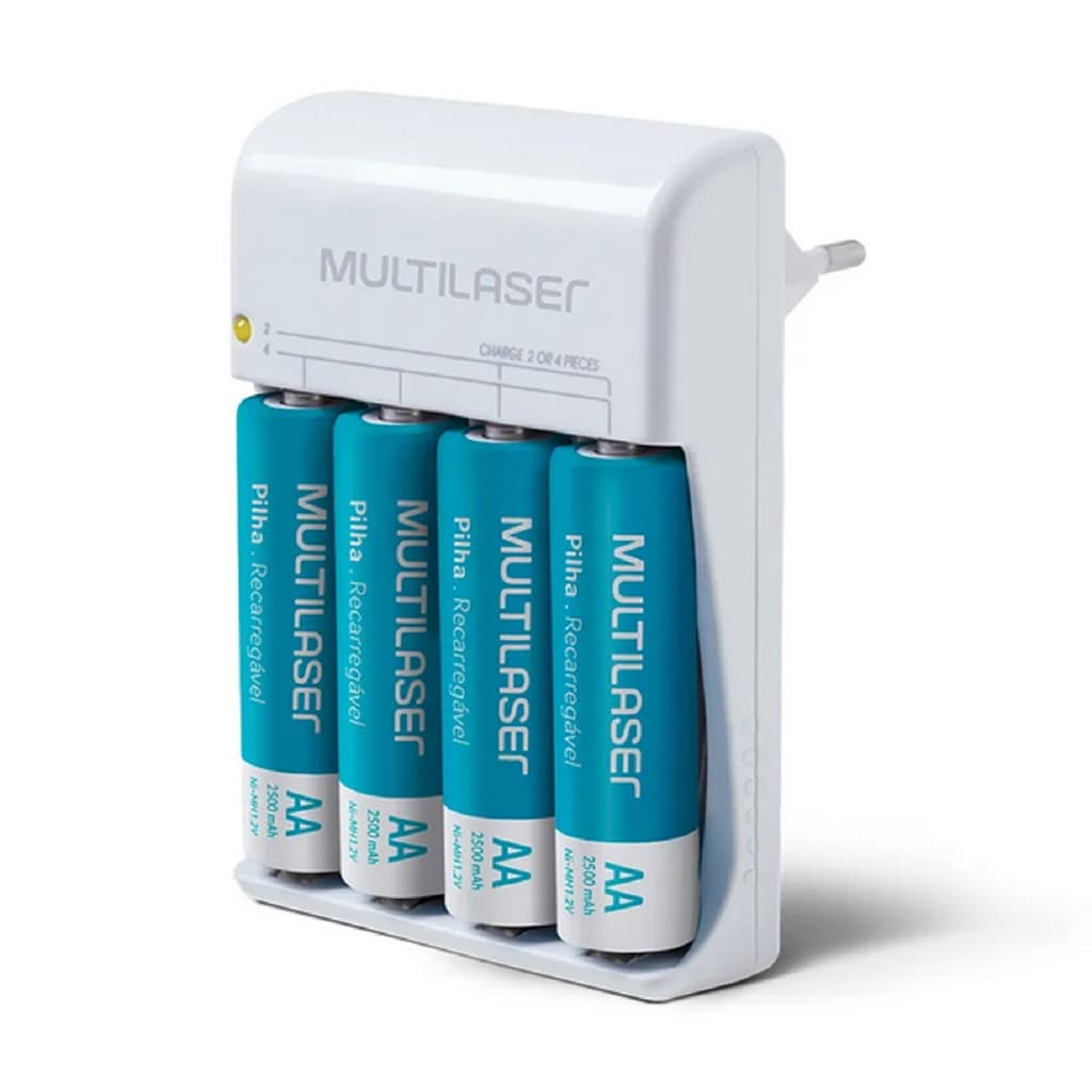 Carregador De Pilhas Multilaser Com 4 Pilhas Recarregável Aa 2500Mah Bivolt