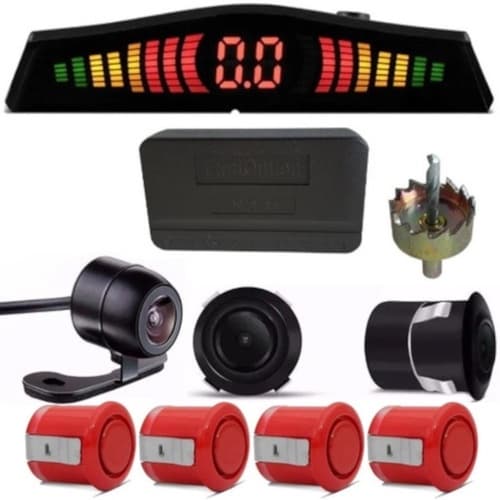 Kit Sensor De Estacionamento 4 Sensores Vermelho 22mm + Câmera de ré Borboleta