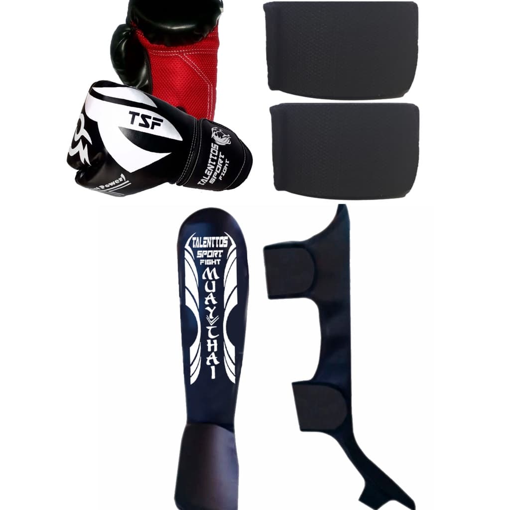 kit Muay Thai Boxe Kickboxing Pró Combate caneleira +luva+ bandagem