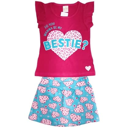 Conjunto Infantil Menina Blusa com Estampa e Short Saia Estampado do 4 a 10 anos
