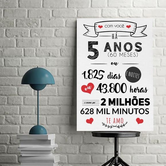 5 Anos de Namoro Presente para Namorados Quadro Comemorativo 90x70