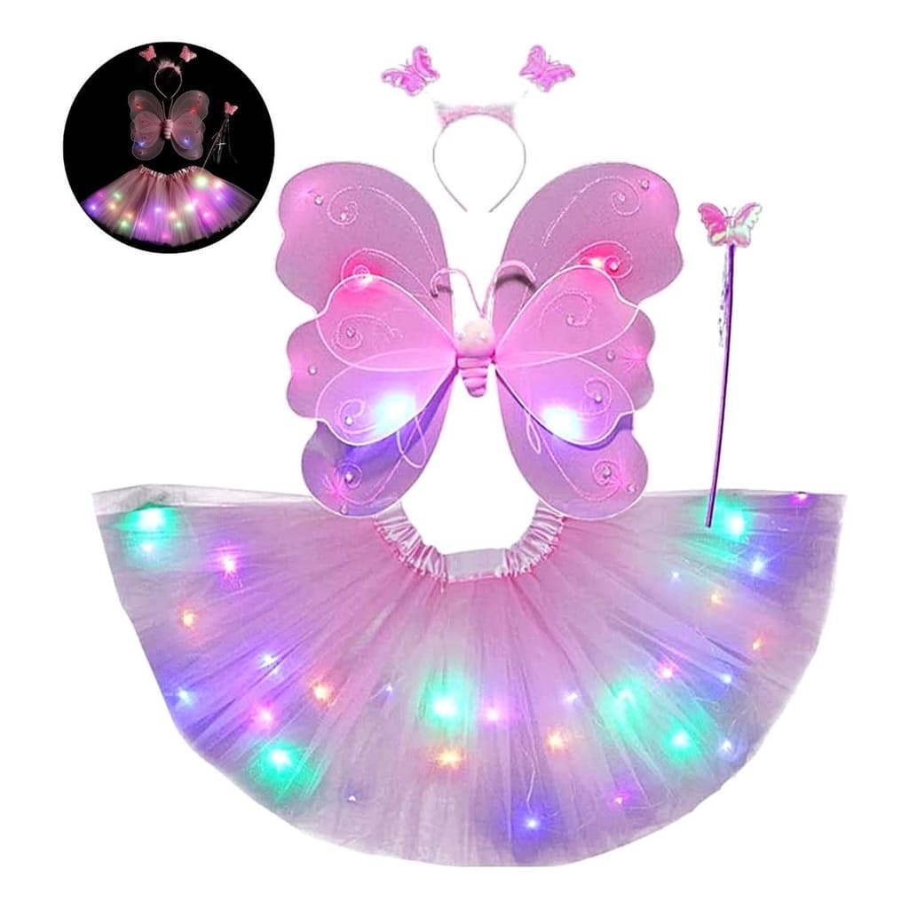 Kit Fantasia Asa Borboleta Infantil Com Saia Tule Luzes Led