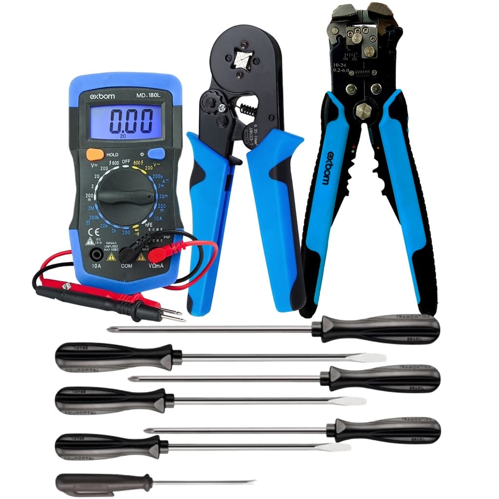 Kit De Ferramentas - Alicate Crimpagem De Terminal Ilhos Tubolar 0,25 Até 10mm² -  Decapador De Fio Multifuncional -  Multímetro Digital Profissional Portátil - Jogo Chave Fenda E Philips 7 Peças