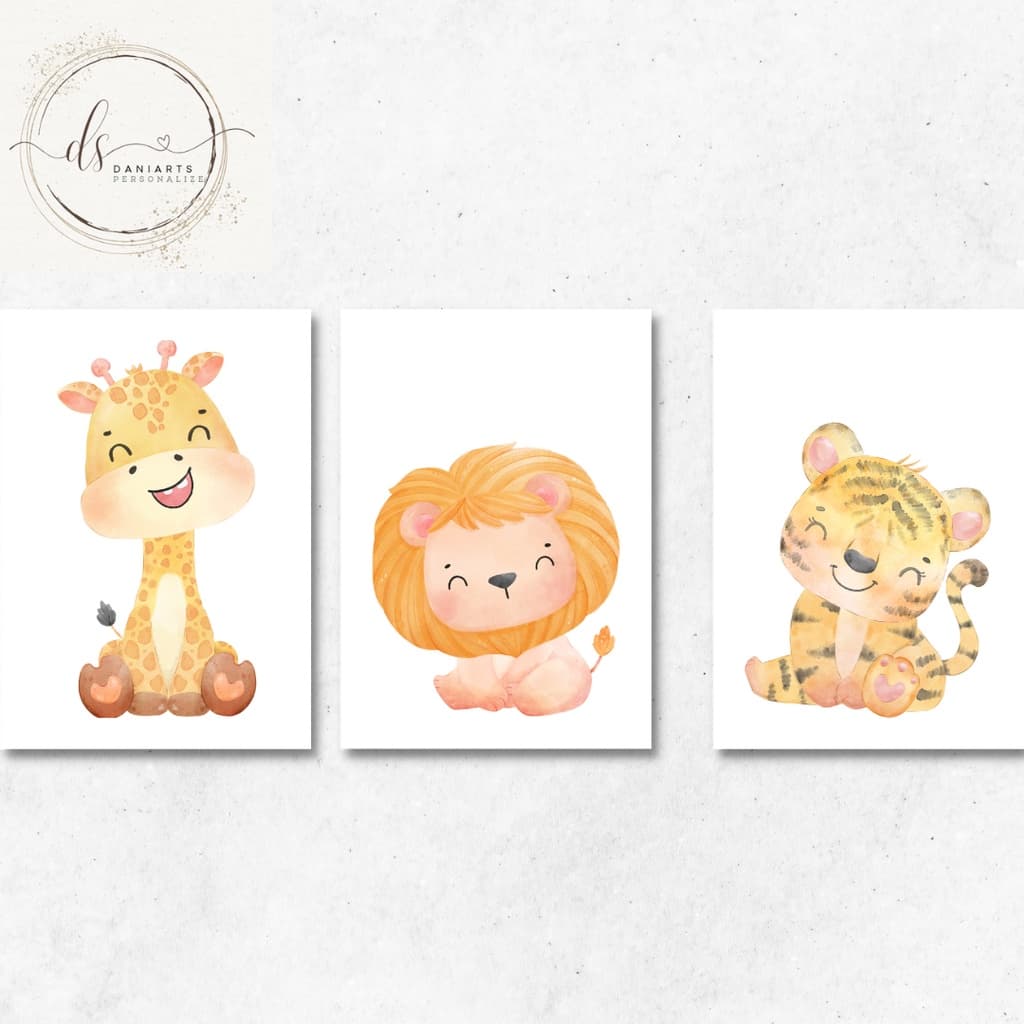 Kit 3 quadros animais safari 20x28 mdf