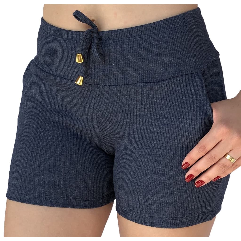 Short feminino canelado cintura alta com bolso meia coxa Bermuda feminina