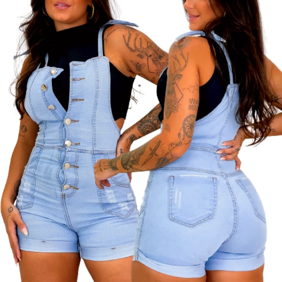 Jardineira Feminina Jeans Macaquinho De Botões Short Curto Lançamento Com Strech Lançamento