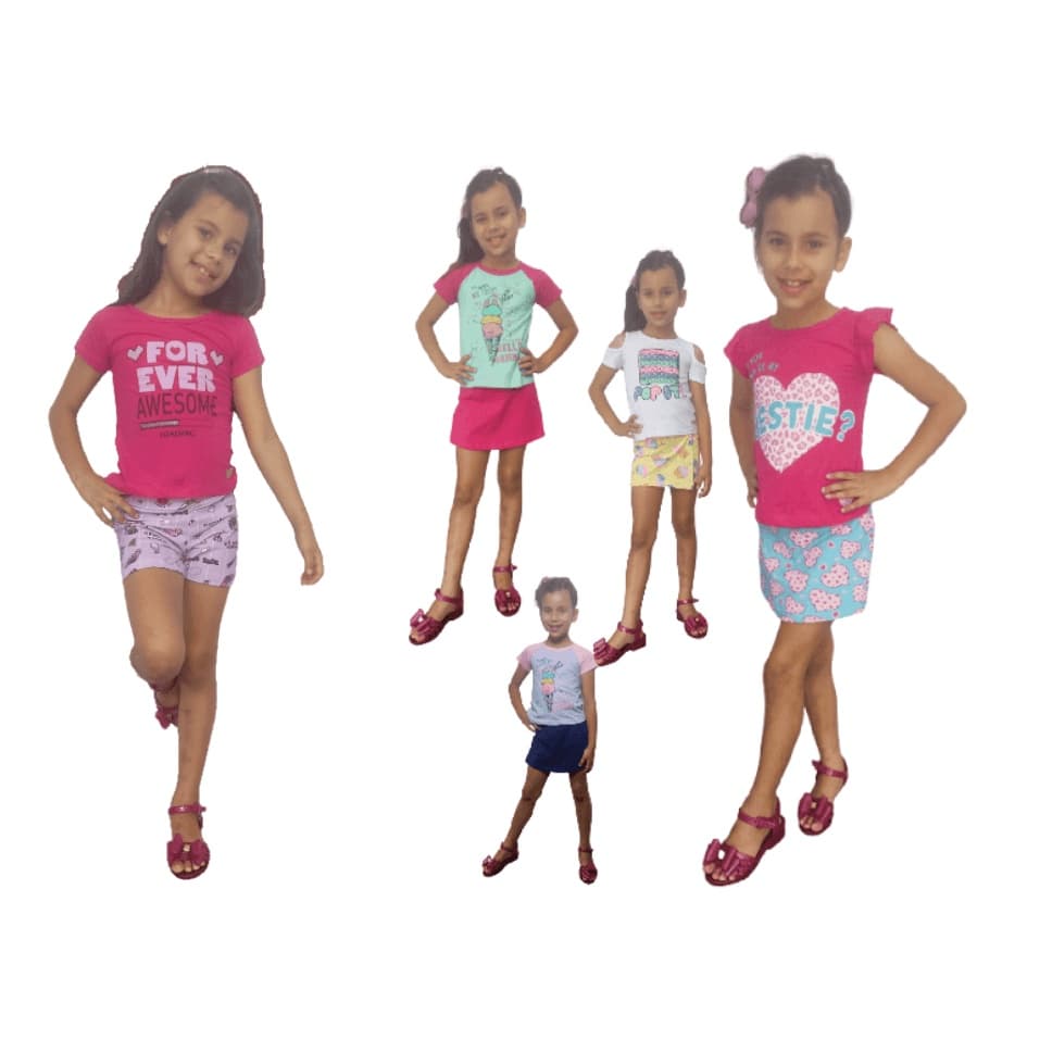 Combo 10 Peças - 5 Conjuntos Premium Infantil Menina Blusa com Estampa e Shorts Estiloso do 4 a 10 anos