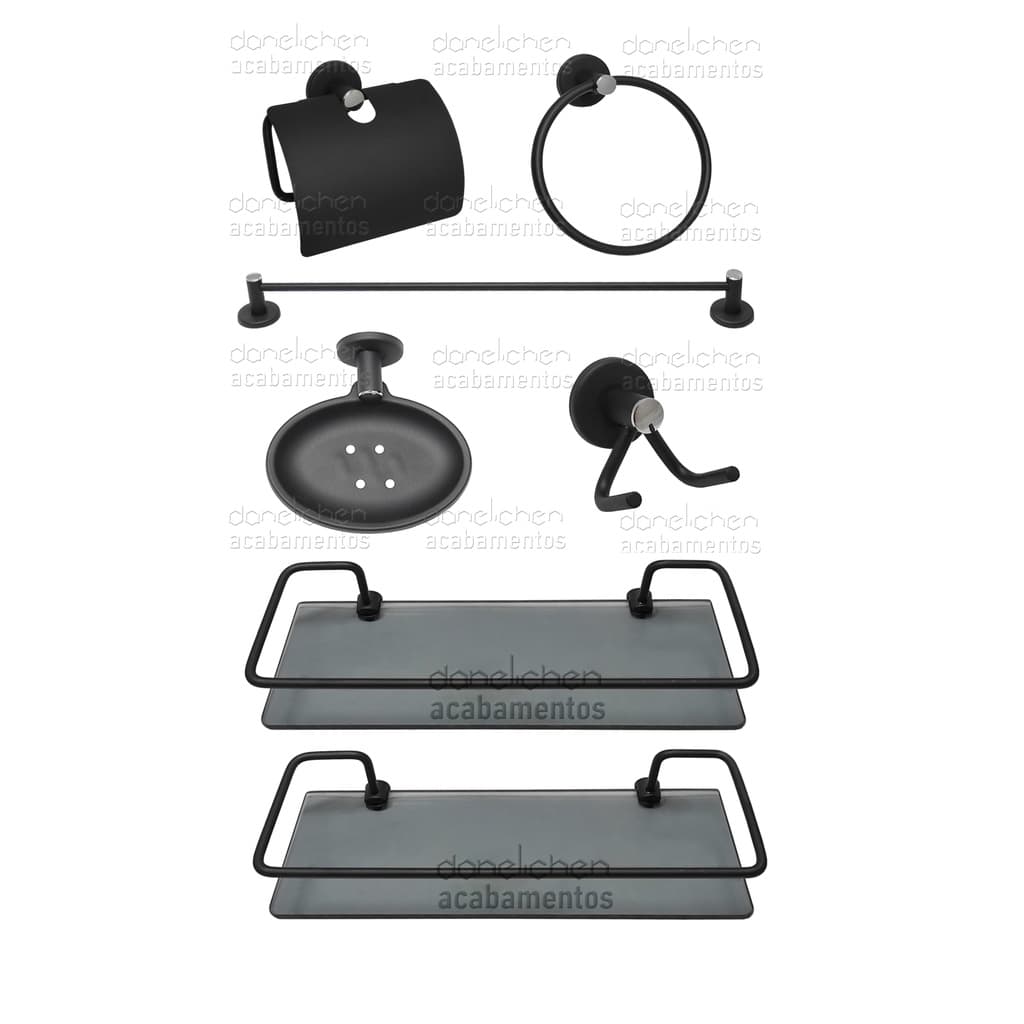 Kit Preto Fosco Banheiro Metal INOX Saboneteira Prateleira Lavabo Vidro Fumê