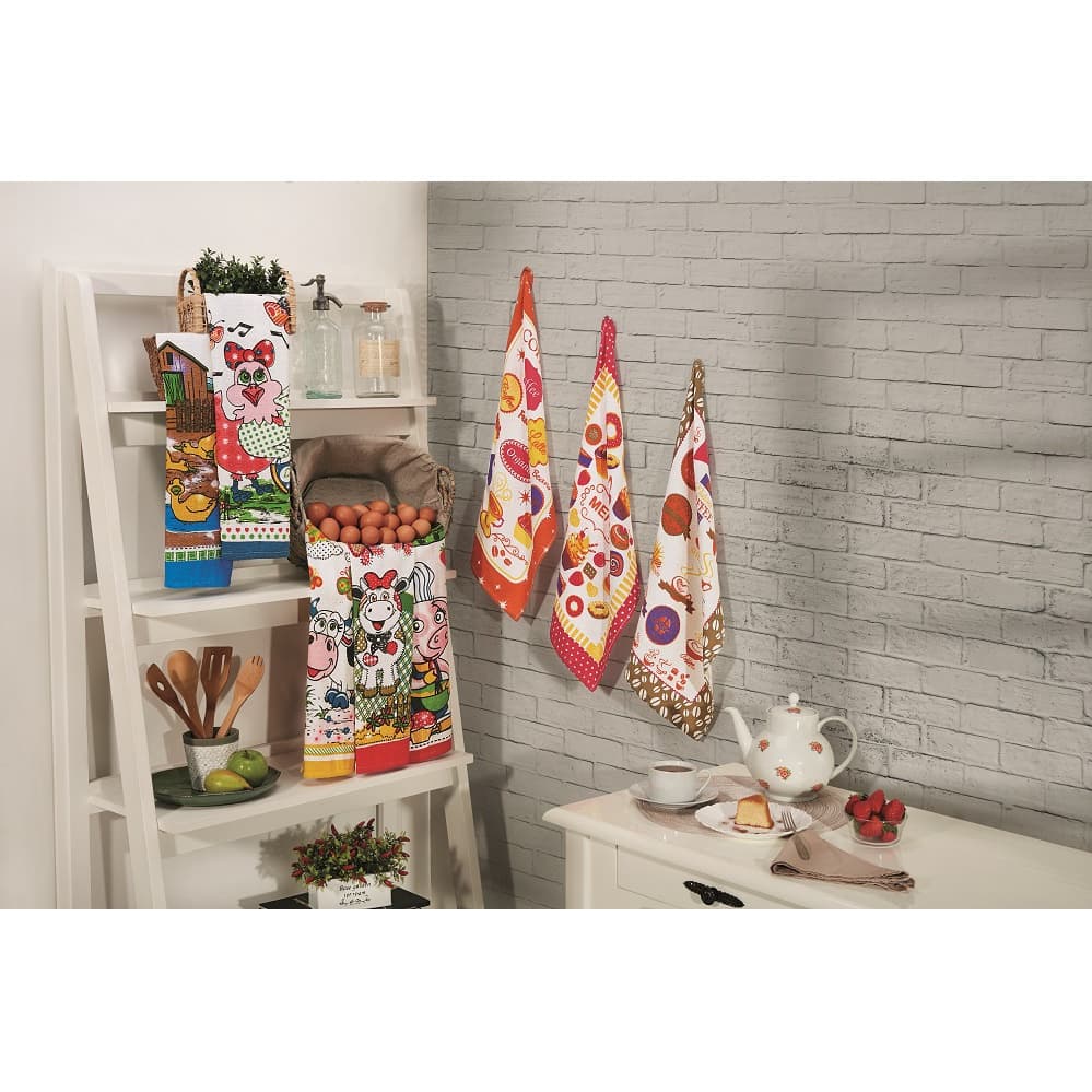 Kit 6 Panos de Prato Guardanapo Atoalhado Cozinha/Copa Estampas Sortidas 42x62cm