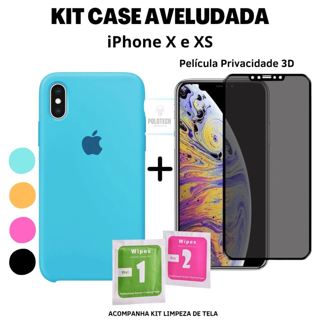Kit Capinha IPhone X e XS Premium Silicone Com Logo + Película Privacidade ou 3D + Kit Limpeza - Lançamento 2025