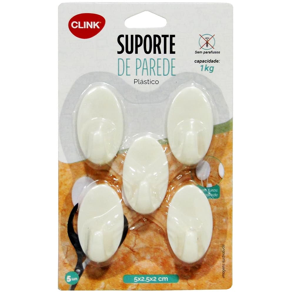 Gancho De Plastico Oval Autoadesivo Branco Com 5 Pecas 5X2,5CM
