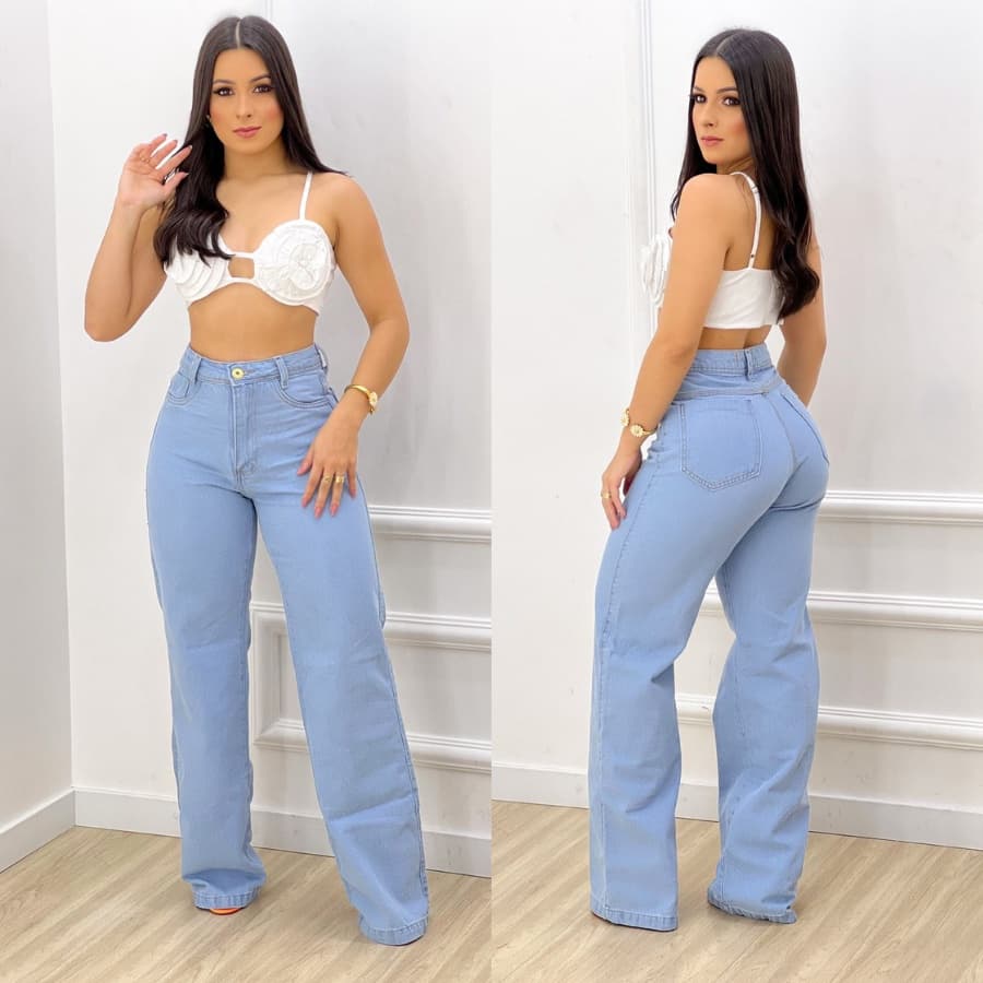 Calça Jeans Feminina Wide Leg Pantalona Retro Cos Alto Destroyed Rasgado Barato