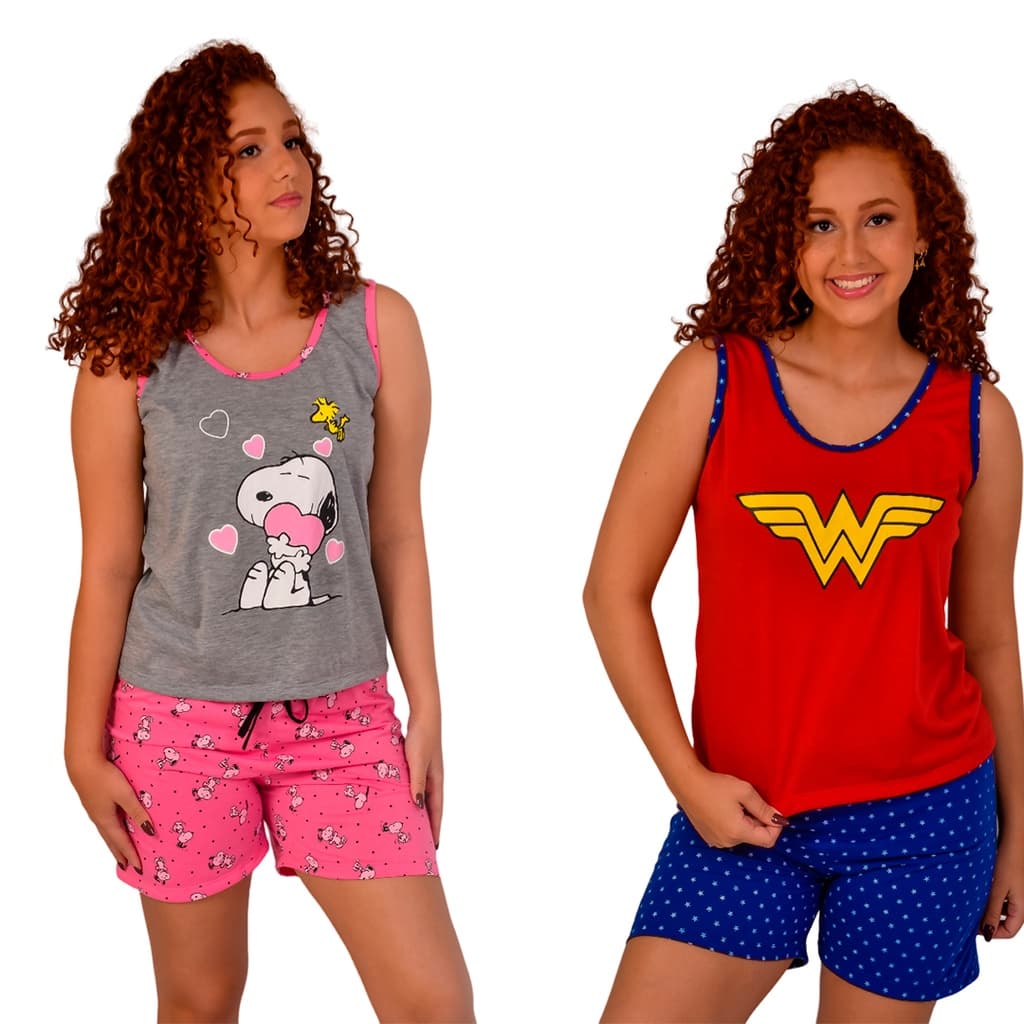 KIT 2 PIJAMAS FEMININO BABY DOLL CAMISETA MALHA MULHER MARAVILHA E SNOOP