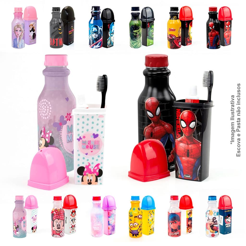 Kit Volta as Aulas Escolar Garrafa de Água Infantil 500 ML e Porta Escova de Dente Infantil