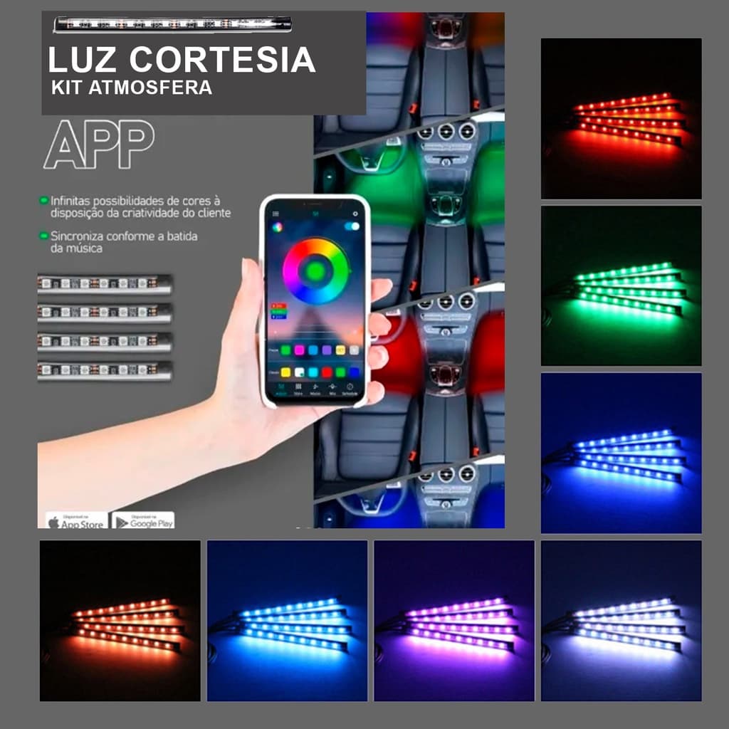 Fita Led Interna Carro Neon Tuning 12v RGB 4 Barras acionado aplicativo no celular