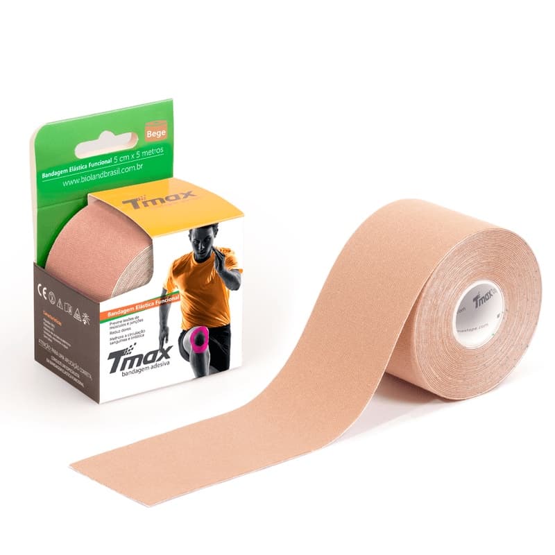 Fita Kinesio Tmax Bandagem Elástica Terapêutica fisioterapia 5 Cm X 5m Bege Nude Original Bioland.