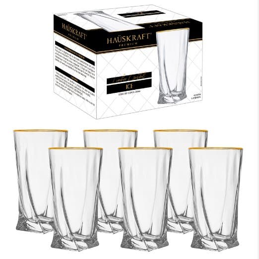 Jogo 6 Copos Ice Long Drink 380ml C/Borda Dourada