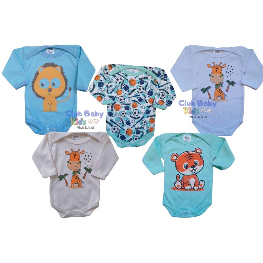 Body Bebê Kit 5 Peças estampado Manga longa Menino Lindas Estampas