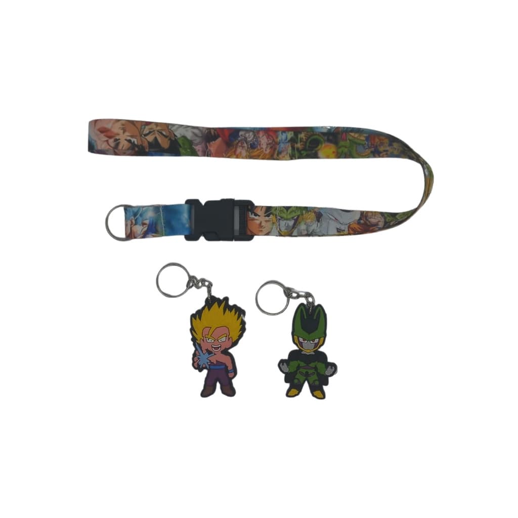 Kit Chaveiro Cordão Moto Pescoço Fecho Engate Rápido Crachá + Chaveiro Emborrachado Gohan e Cell