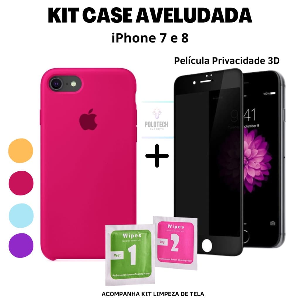 Kit Capinha IPhone 7 e 8 Premium Silicone Com Logo + Película Privacidade + Kit Limpeza - Lançamento 2024