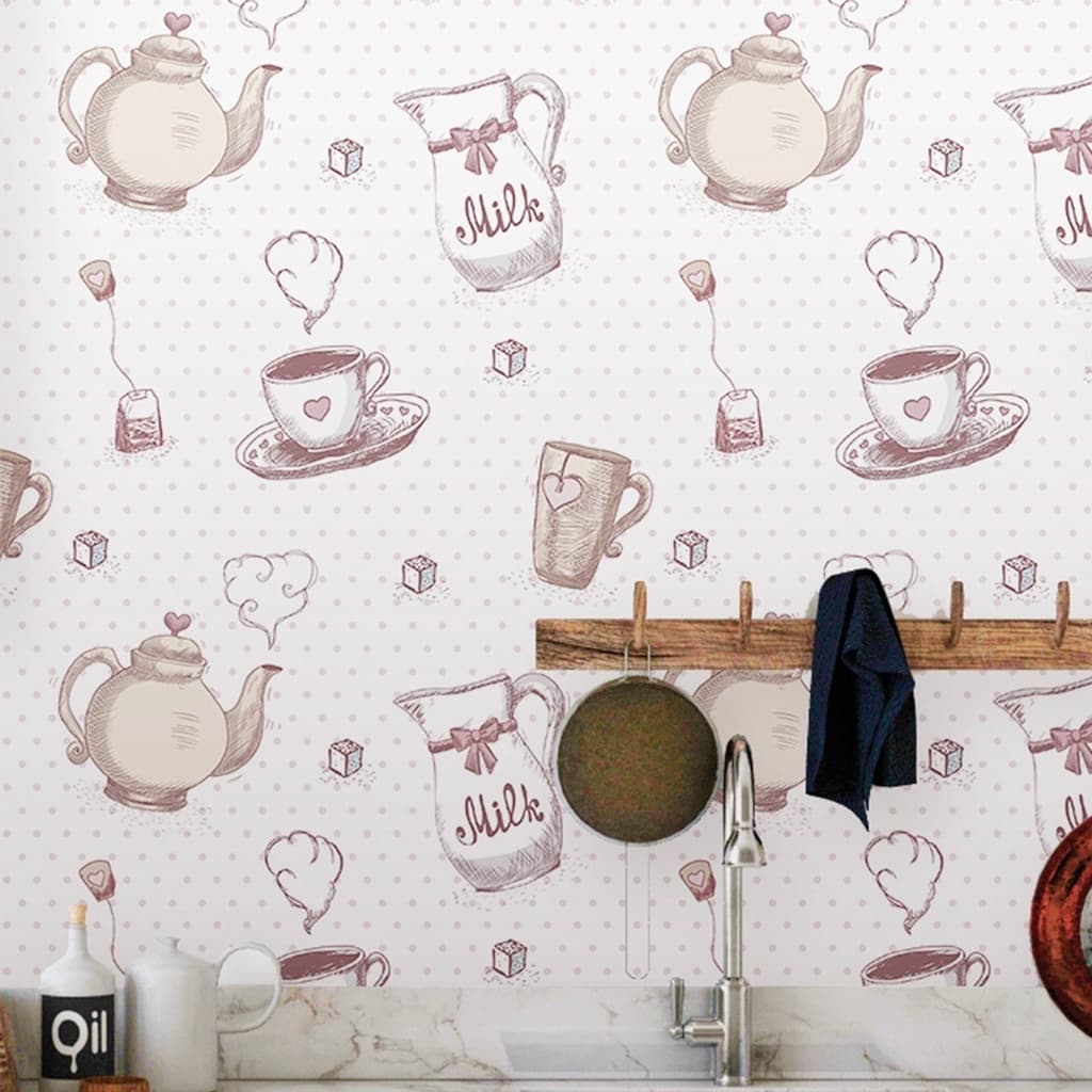 Papel de Parede Adesivo Lavável Tema Café – Rosa, Xícaras e Bules para Cozinha e Azulejos