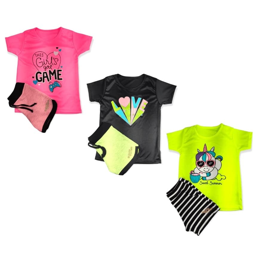 Kit 6 Peças Menina com 3 Blusas e 3 Shorts 2 a 8anos
