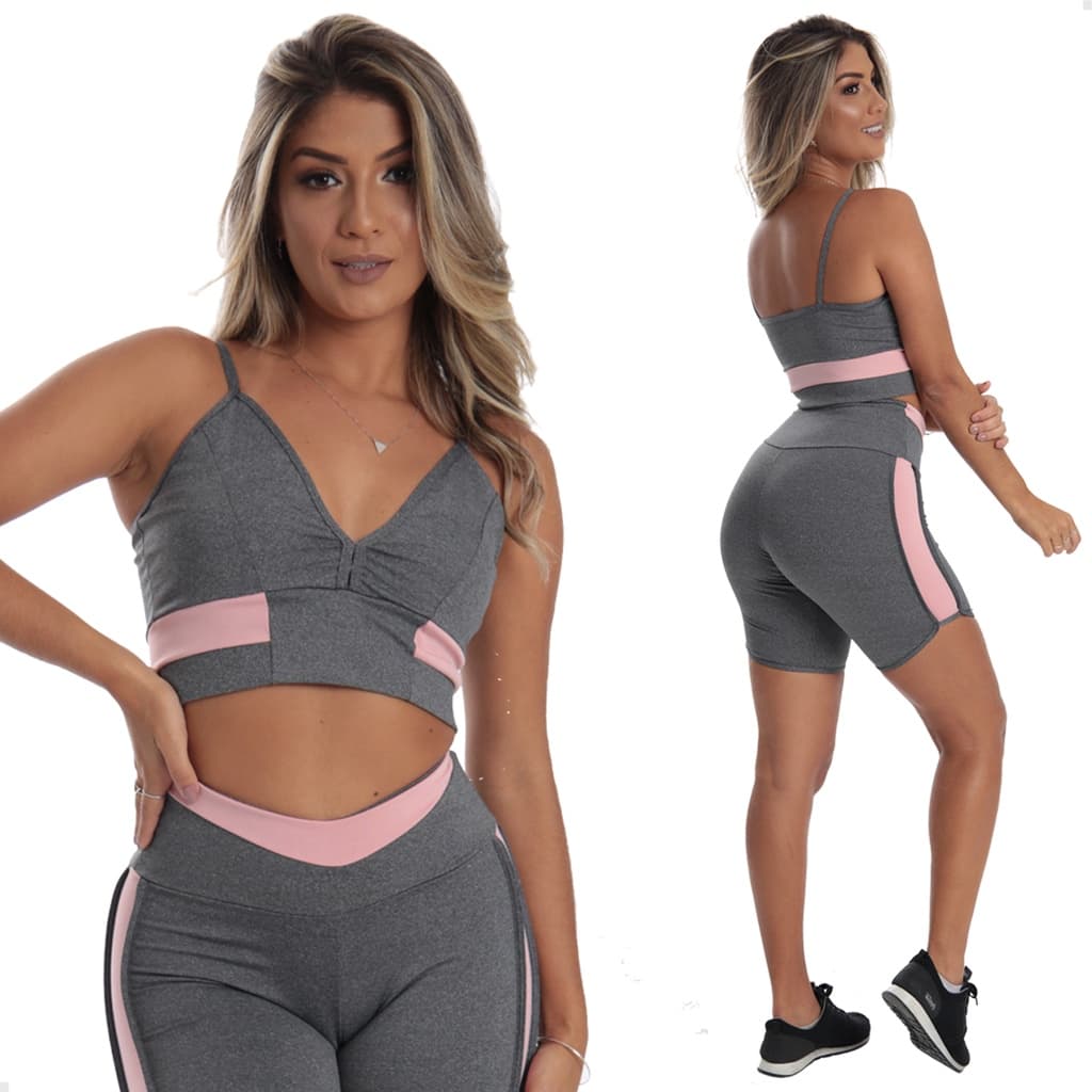 Conjunto Fitness Treino Top Alcinha Bermuda Com Detalhe Lateral