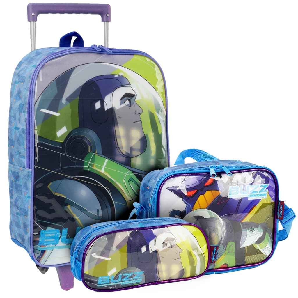 Kit Escolar Infantil Buzz Lightyear - Mochila de Rodinhas + Lancheira + Estojo