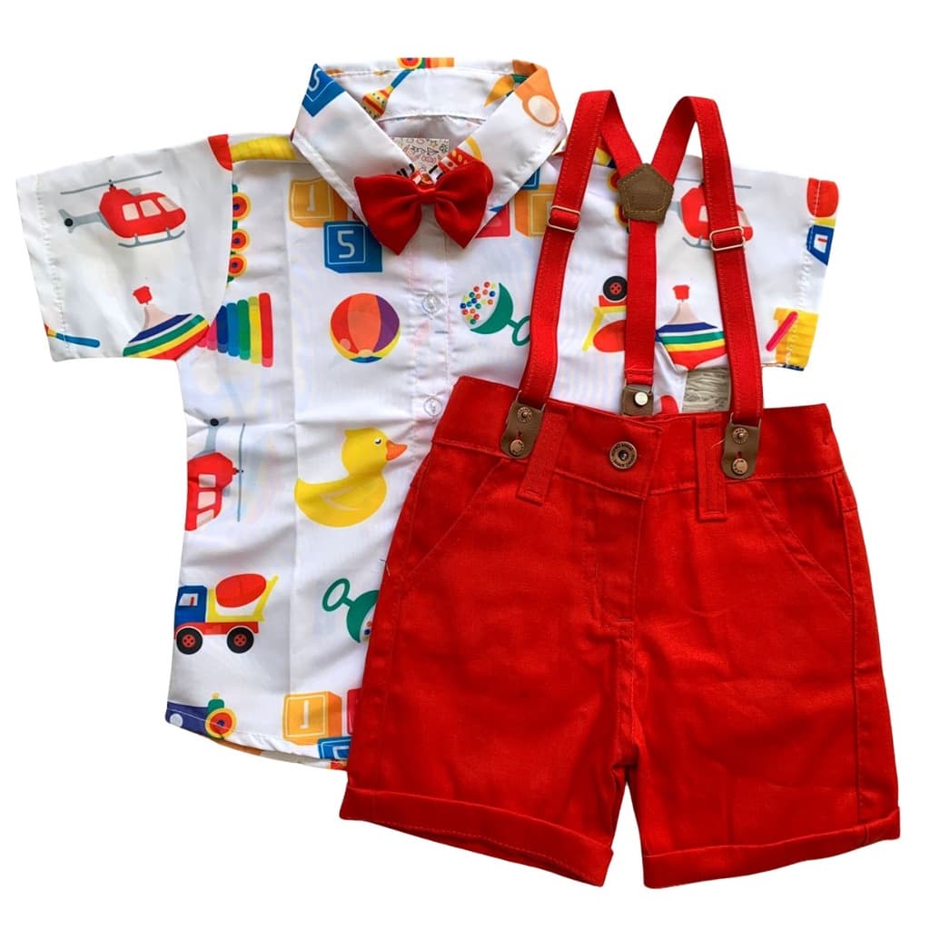 CONJUNTO infantil BRINQUEDOS para menino, roupa de suspensorio tema brinquedo Camisa Gravata Bermuda