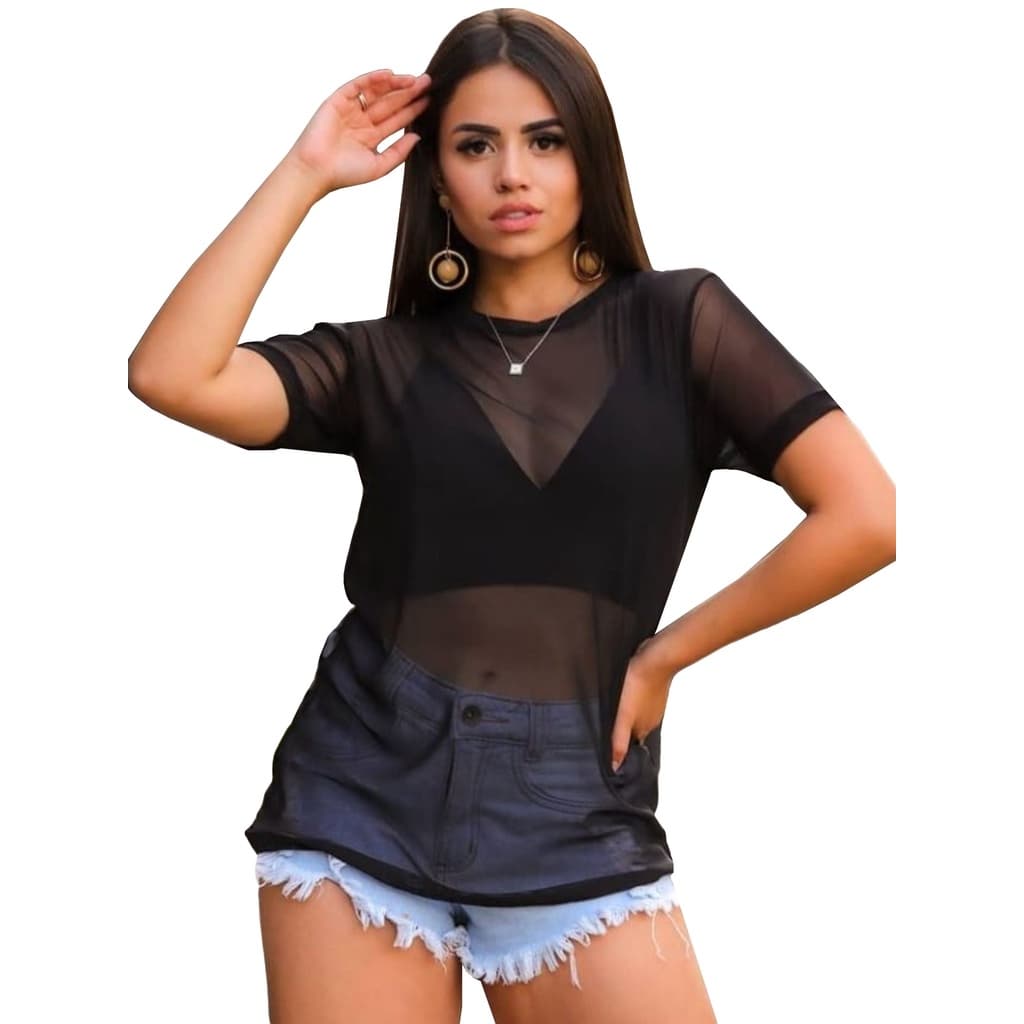 Blusa Feminina Manga Curta Tule Transparente