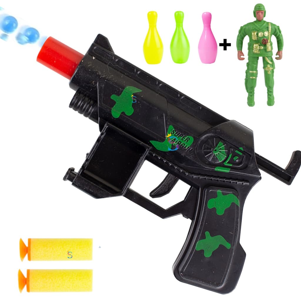 Arminha Pistola Lança Dardos e Atira Bolinhas de Gel com Boneco Soldado e Alvo