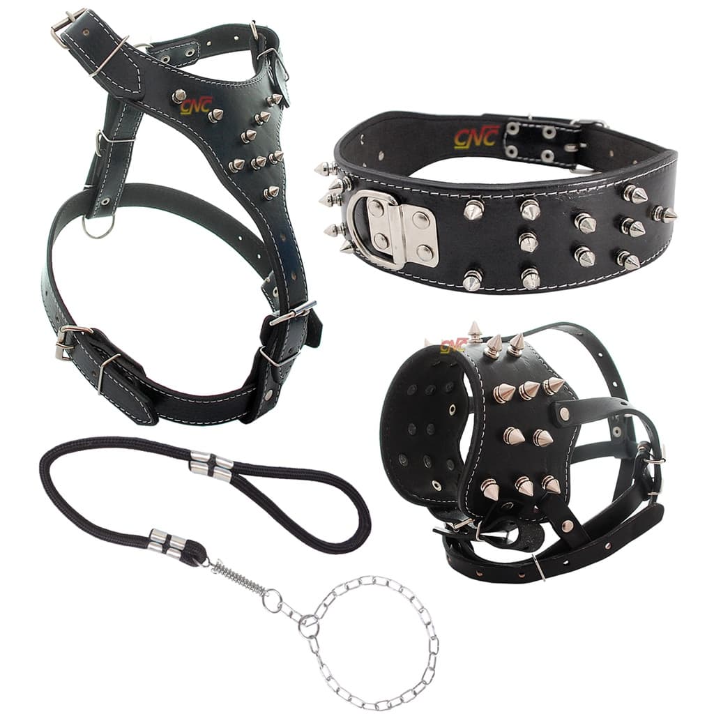 Kit Peitoral Pitbull Couro com Coleira e Focinheira Spike