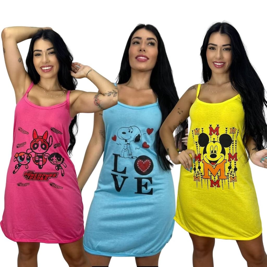 Kit 03 Camisolas Algodão Estampada Personagens de Alcinha Feminina Confortável.
