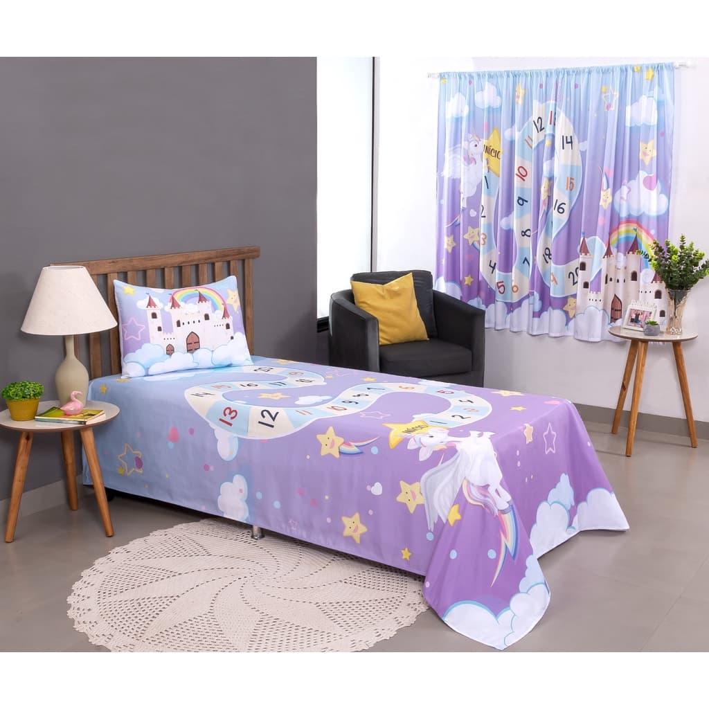 Kit Colcha Cobre Leito sem matelado para cama Solteiro infantil menina unicórnio + fronha tecido microfibra fio 100