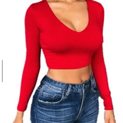 Cropped Decote em V Blusa Feminina Manga Longa Em Suplex