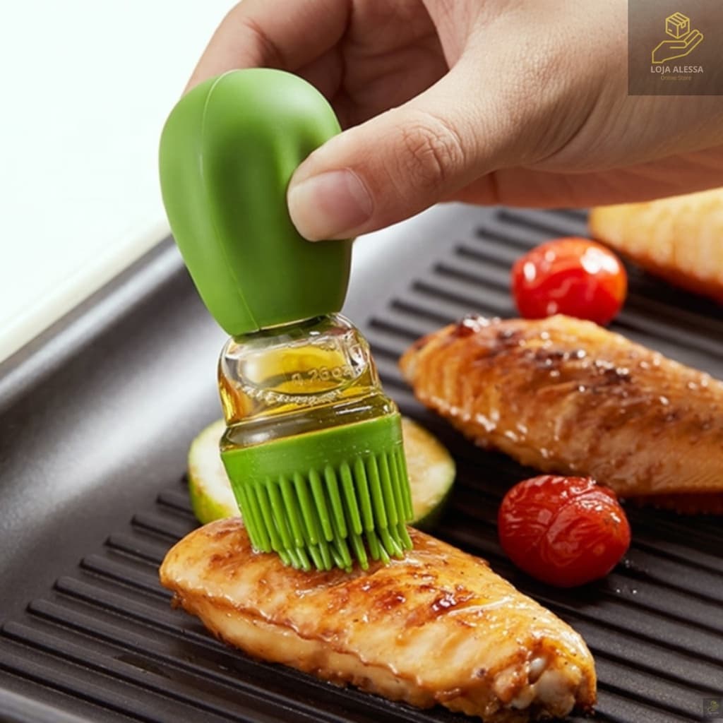 Pincel Culinário  de Silicone com Dispenser Porta Óleo e Azeite 2 em 1