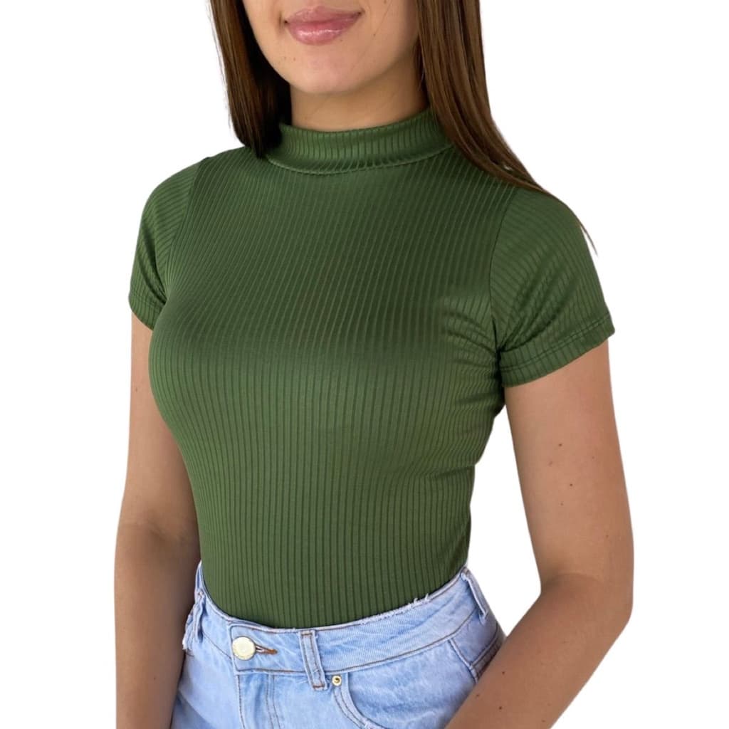 Blusa feminina canelada manga curta gola alta