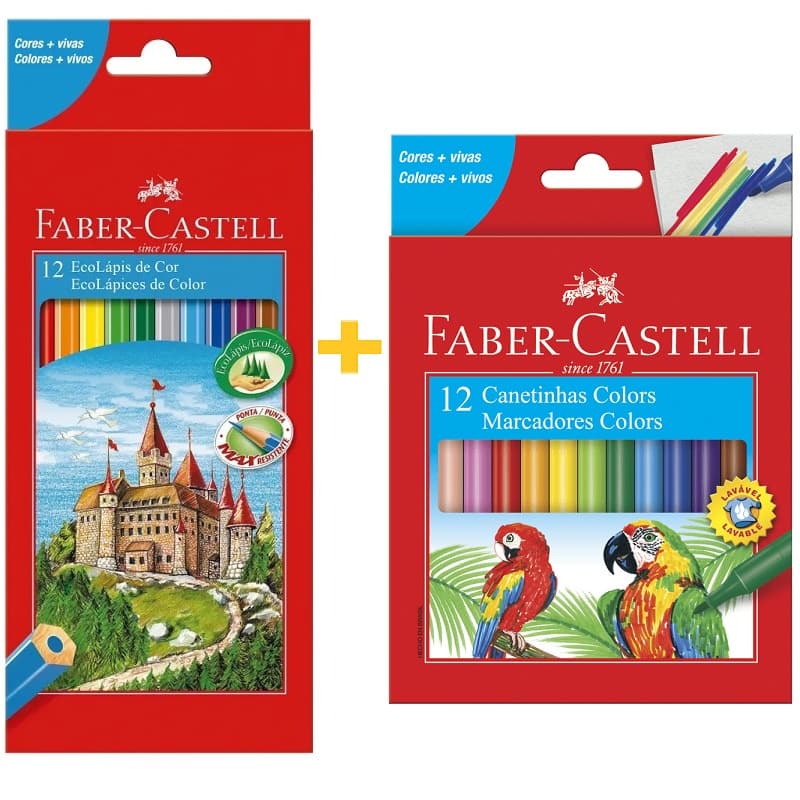 Kit Lápis De Cor Faber Castell 12 Cores com Canetinha Hidrográfica 12 Cores Faber Castell