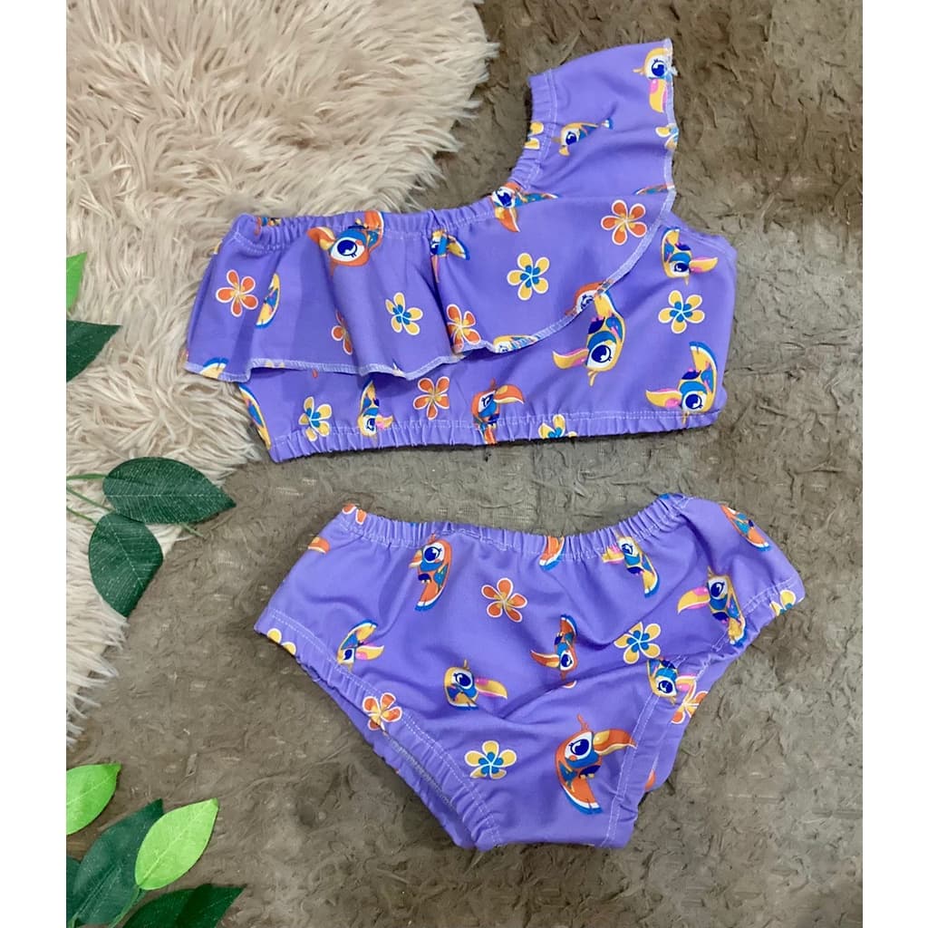 Conjunto Biquíni Praia Infantil Manga babado lilás