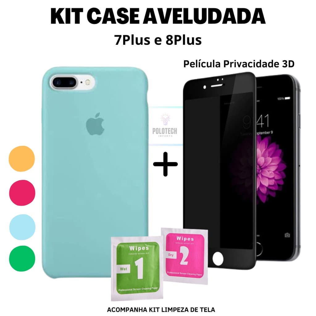 Kit Exclusivo IPhone 7/8 PLUS Capa Capinha Premium Silicone Com Logo + Película Privacidade + Kit Limpeza