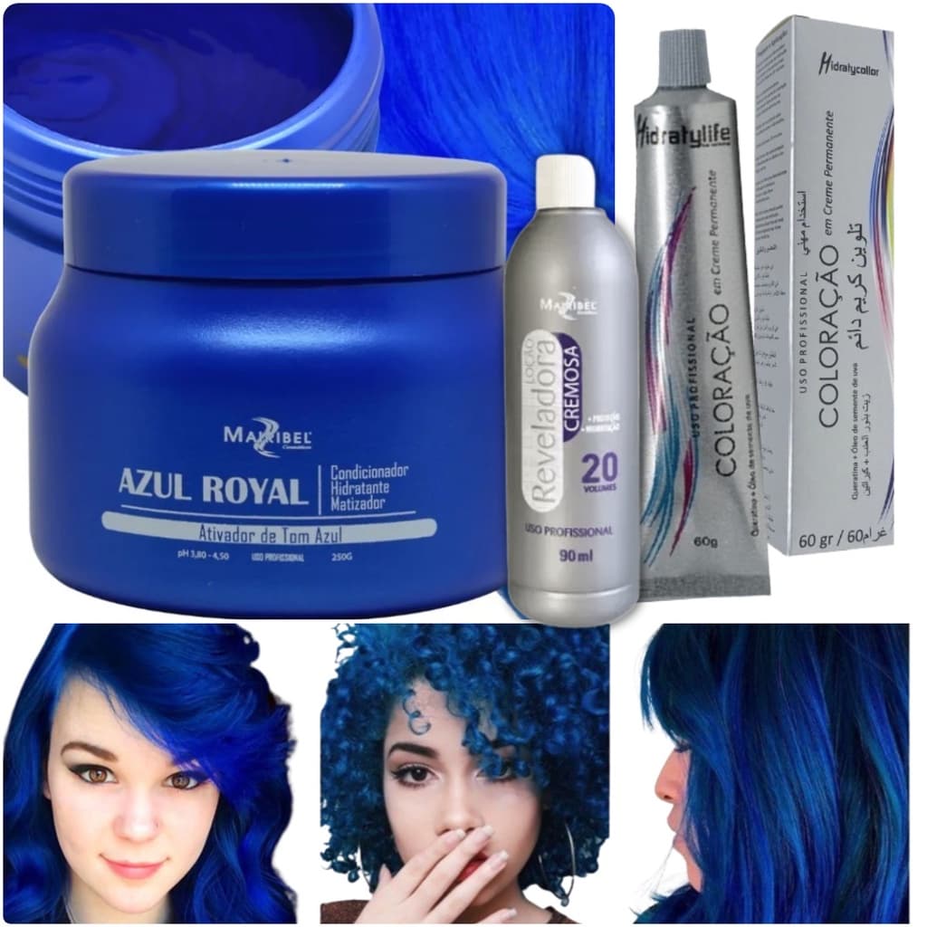 Tinta de Cabelo Azul Royal Coloração 60g com Ox 20v e Matizador 250g Brilho Intenso | Compre Agora