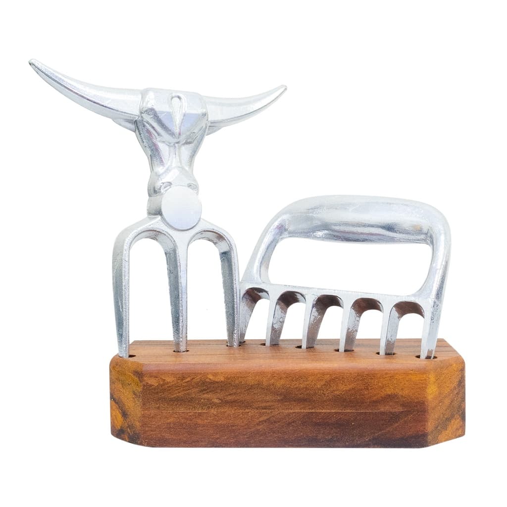 Kit Garra De Urso Tridente Alumínio Base Madeira Rustica Churrasco Gourmet