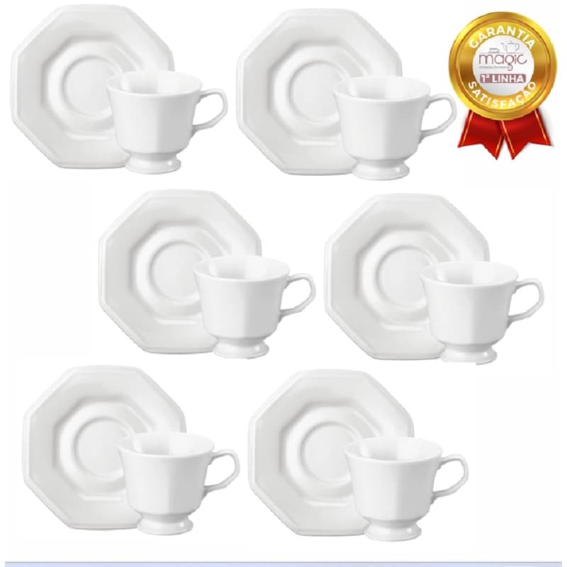 Kit 6 Xícaras Café Com Pires Prisma 70ml Porcelana Schmid 1a