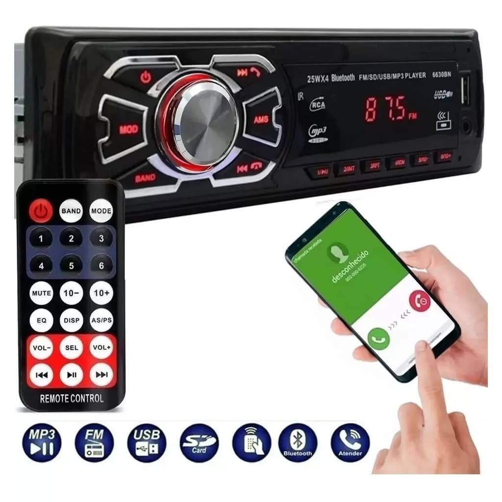 Aparelho de Som Automotivo Rádio MP3 Player   Som de carro Bluetooth USB SD Aux. 4x25w Modelo First Option Controle remo