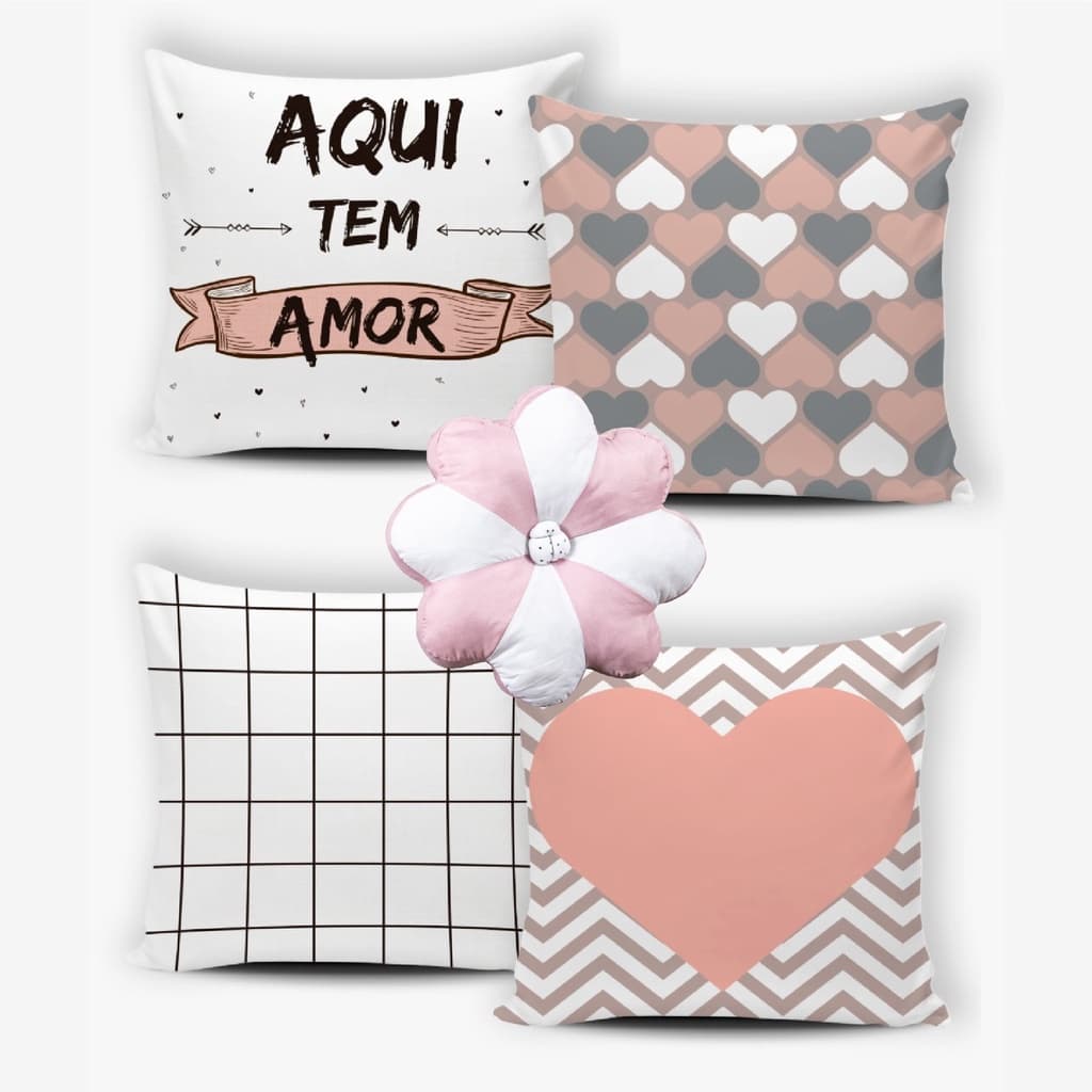 Kit 4 Capas de Almofadas Modernas Luxos 42x42 Mais 1 Almofada Flor 35X35 Aqui Tem Amor