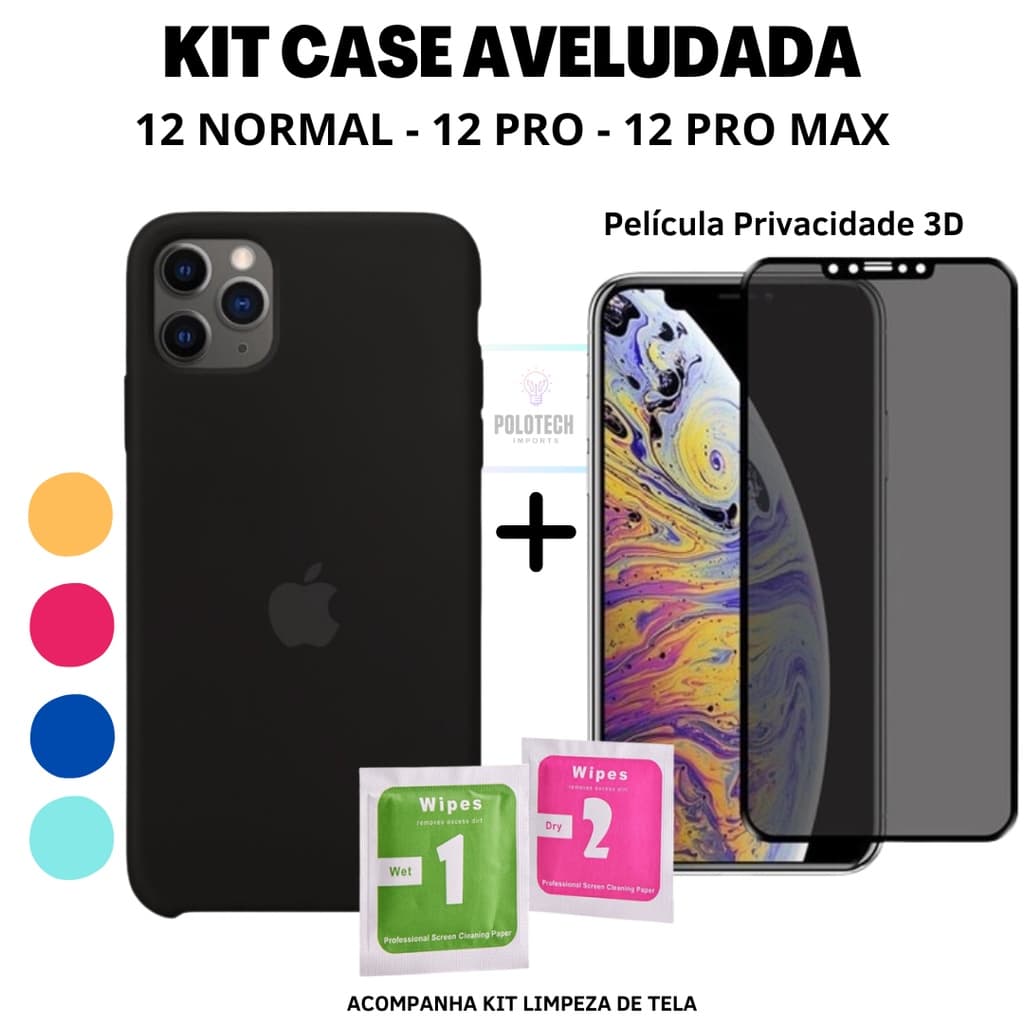 Kit Exclusivo Capa Capinha IPhone 12 / 12 Pro / 12 Pro Max Premium Silicone Com Logo + Película Privacidade + Kit Limpeza