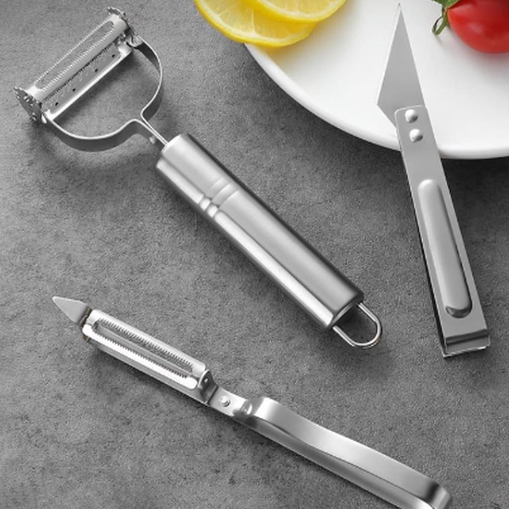 Kit Descascador De Legumes E Frutas Inox Com Lâmina Dupla 3 Peças