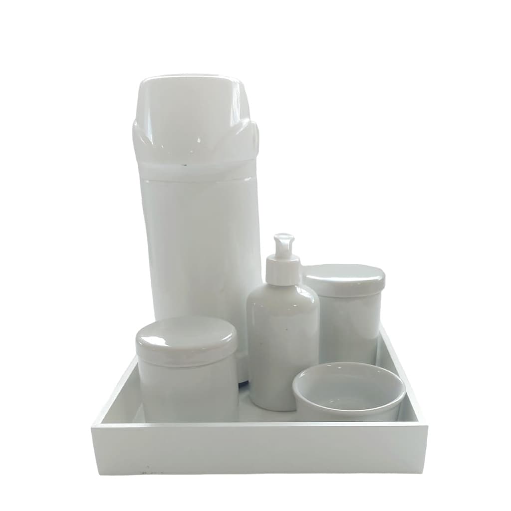 Kit Higiene Bebê Porcelana Completo Potes Molhadeira Saboneteira Garrafa Térmica 1 Litro Pump e Bandeja.