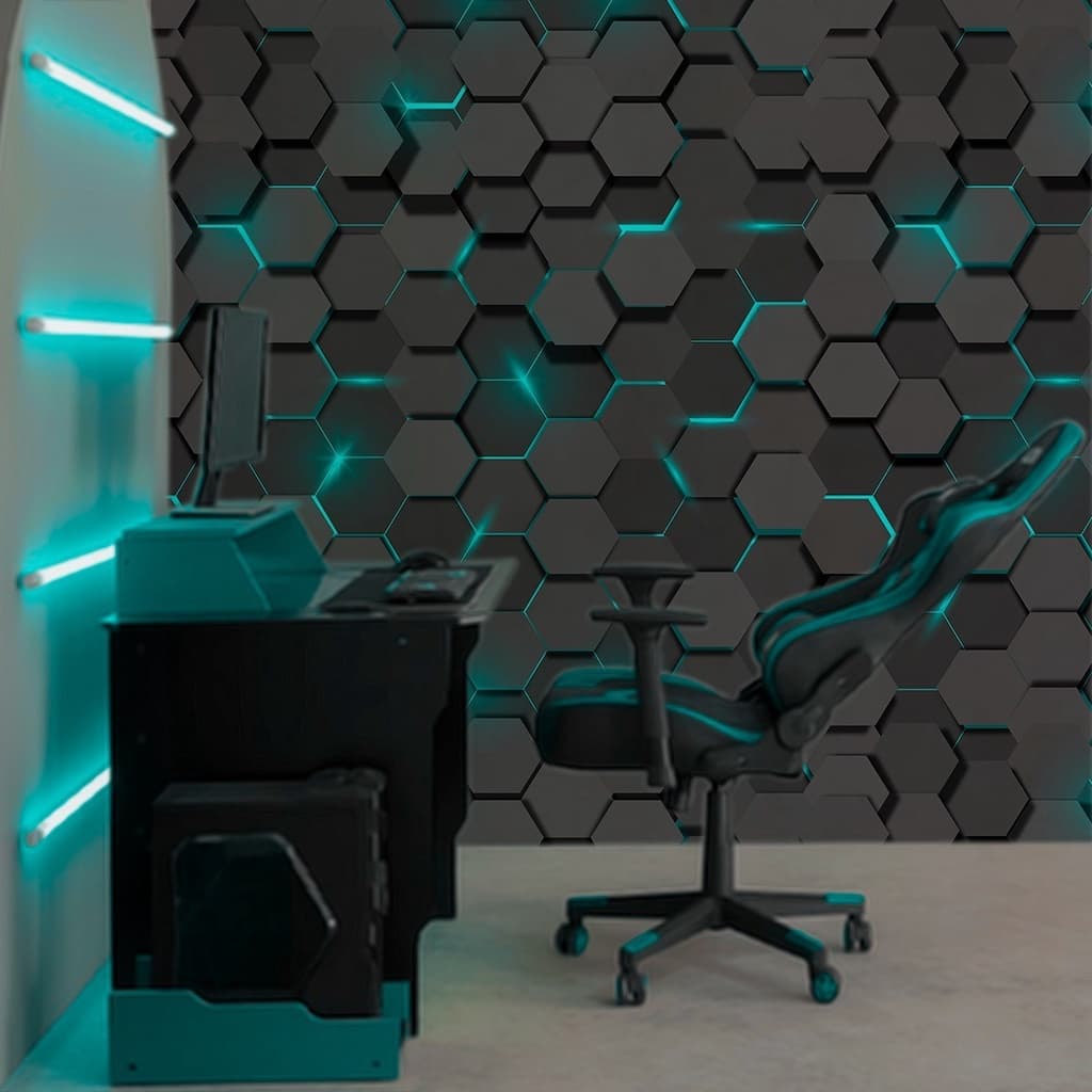 Papel de Parede Gamer 3D Azul Sob Medida | Autocolante Lavável para Setup, Studio e Quarto de Jogos